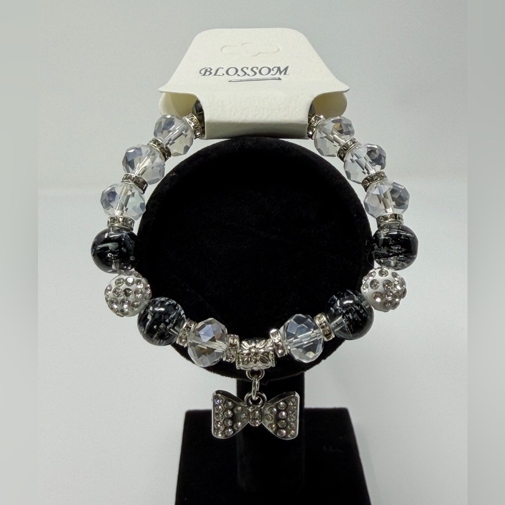 Black, Silver, Clear Beaded Stretch Bracelet